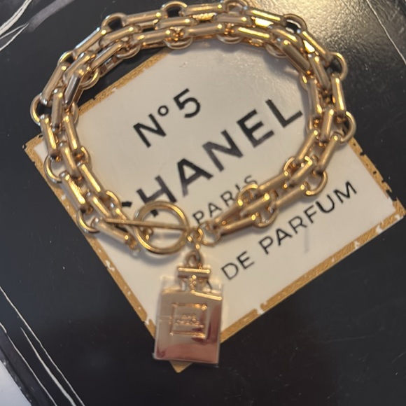 CHANEL Jewelry - Chanel #5 Bottle Holiday Novelty Charm Gold Chain Toggle Bracelet